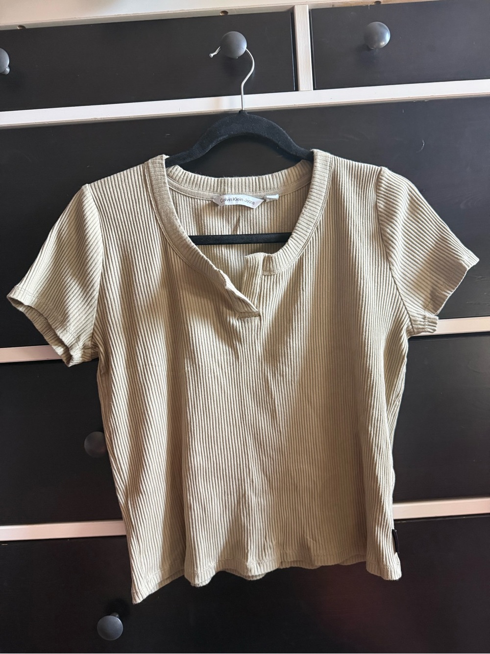 Calvin Klein Jeans Ribbed Short Sleeve Tee in Olive Green